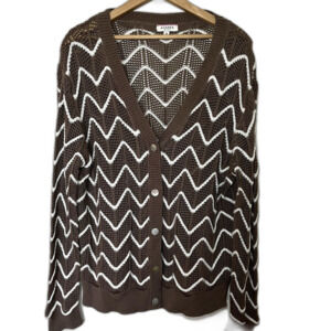 Andree by Unit Women’s Plus V-Neck Cardigan Loose Weave Chevron Stripe Brown 1X